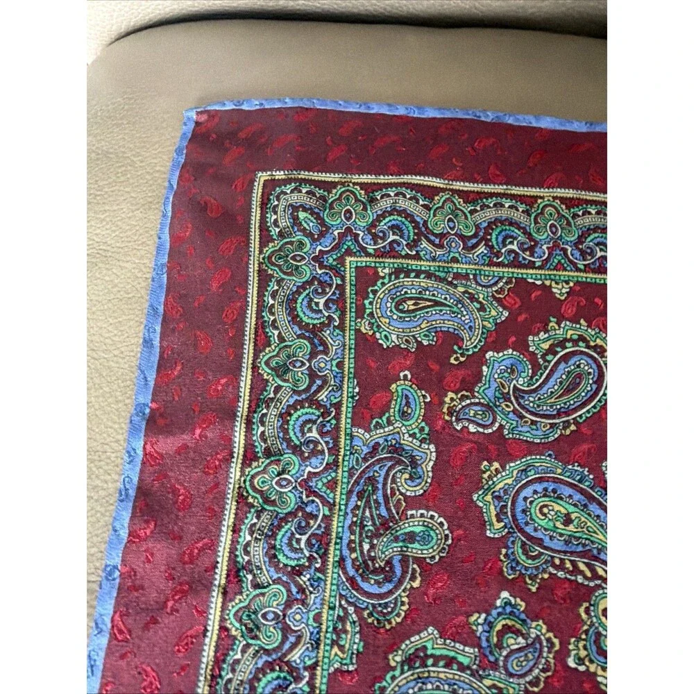 Vintage Silk Paisley Pocket Square Scarf Made in Italy Burgundy Blue Green 16x16